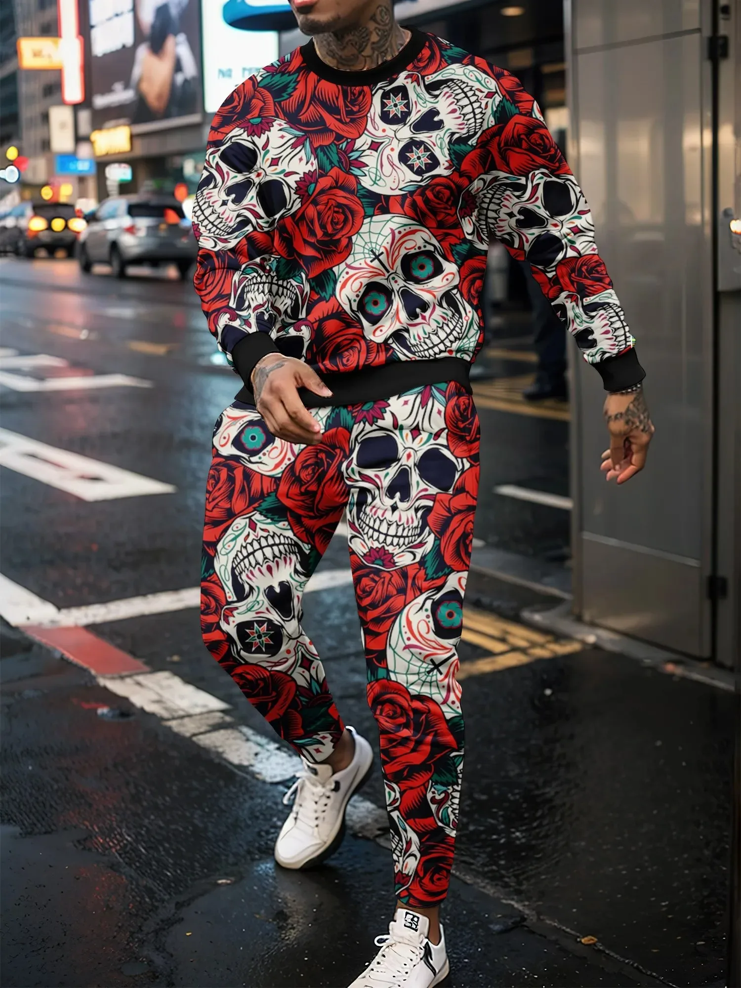 Men\'s Tracksuit Casual 3D Skull Print 2 Piece Sets Long Sleeve T-Shirt+pants 2pcs Set Fashion Outfits Oversized Unisex Clothing