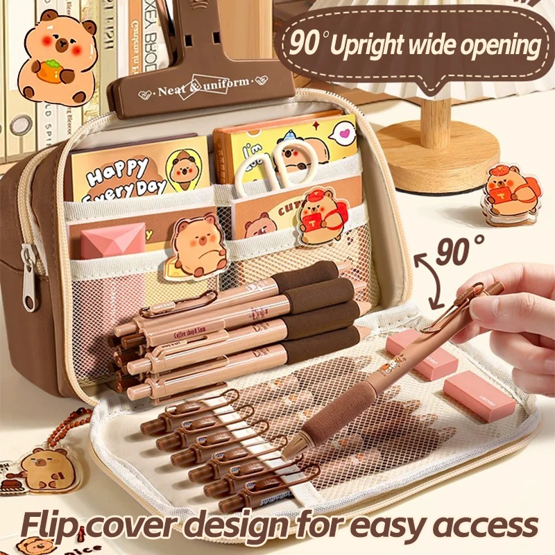 Cute capybara 8-Piece Pencil Box Set, Large Capacity Multi Layer, Canvas Bag, Stationery Storage Box, Suitable for Daily Storage