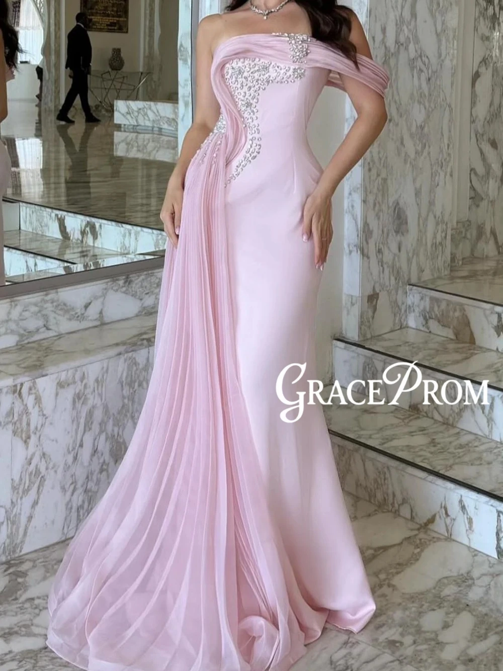 

Blush Pink Off Shoulder Beaded Pleated Evening Dress Women's Showstopper Formal Prom Gown Chic Crystals Wedding Guest Party Wear