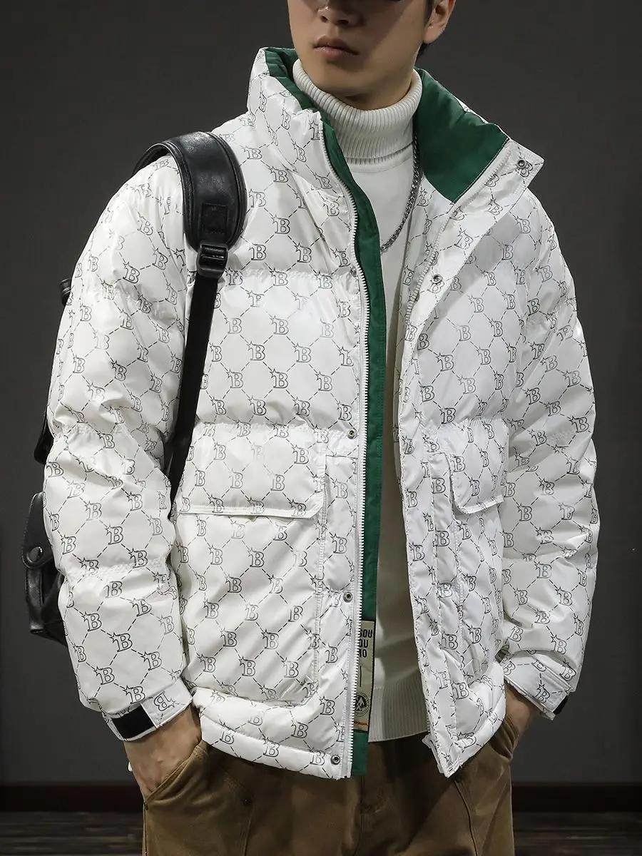 

Winter new high-end printed down jacket men's stand-up collar short bread jacket warm and cold-resistant white duck down jacket