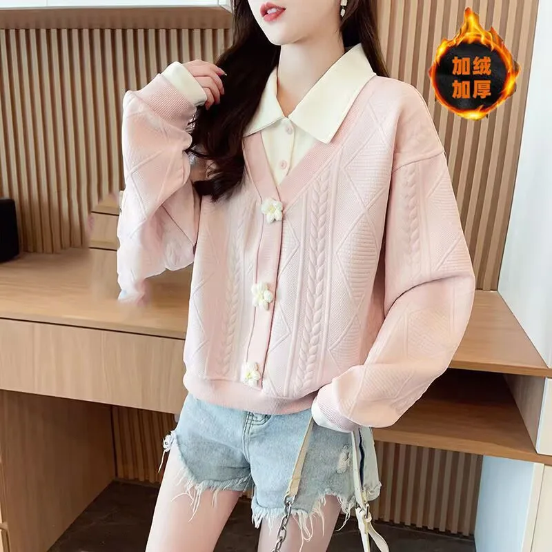 Ocio femenino agregar sudadera de terciopelo señoras coreanas nuevo Jersey suelto sudaderas Otoño Invierno mujeres sudaderas con capucha de manga larga