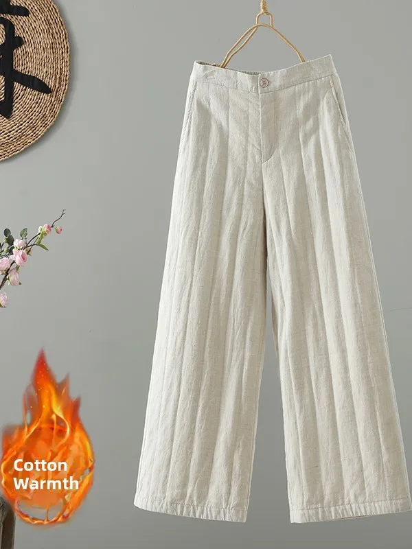 Thiened Cotton Linen Wide Leg Pants Women's Loose Casual Trousers High Waist Long Pants Winter Warm Faion Ladies' Clothing