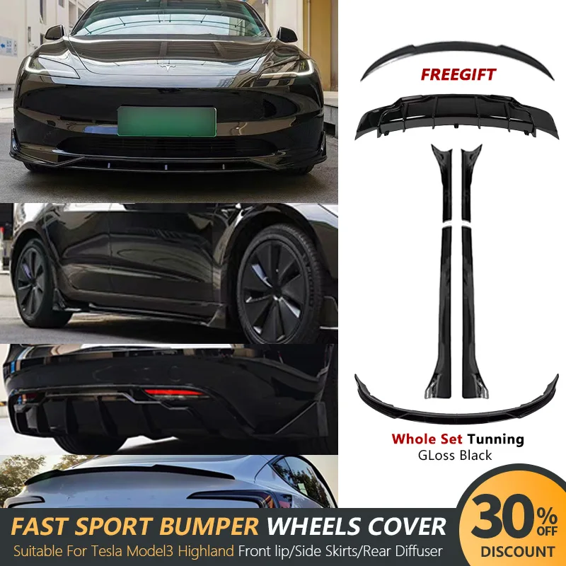 

For Tesla 2023-2024 Model 3 Highland Body Kit Gloss Black Spoiler Rear Diffuser Front Bumper Lip Side Skirt Wing Parts Tunning