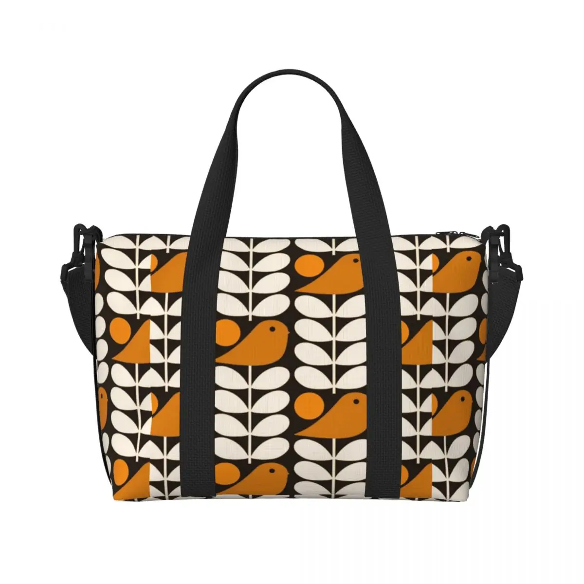 Borsa tote da spiaggia personalizzata Multistem Birds Nero Bianco Arancione Donna Orla Kiely Scandi Borse da viaggio per palestra da spiaggia con grande scomparto