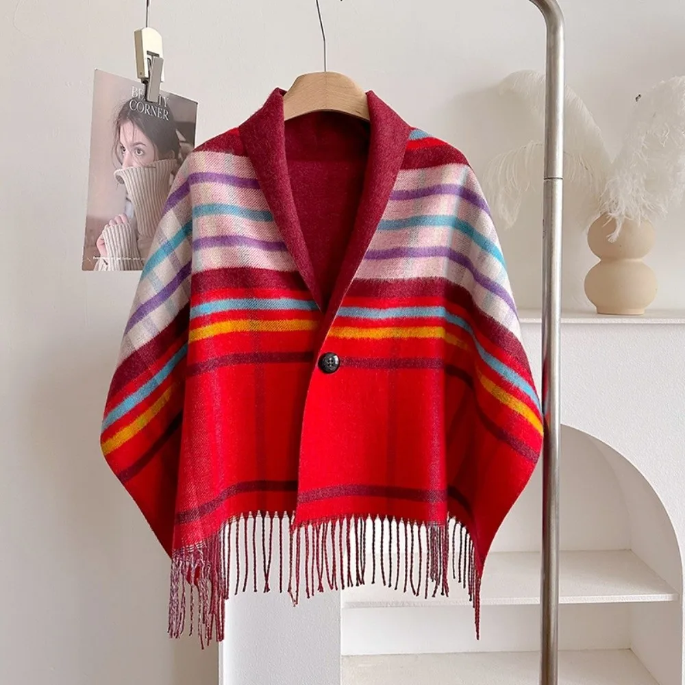 Multi-Functional Double‑Sided Plaid Poncho Shawl Thick Knit Faux Wool Blanket Shawl Tassel Trim Button Closure