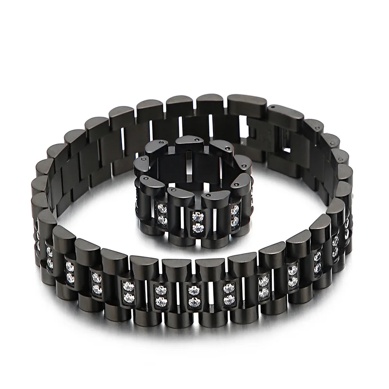 KALEN Golden High Finish Men Vintage Zircon Watch Strap Stainless Steel Bracelet Ring Set Party Holiday Jewelry Gifts