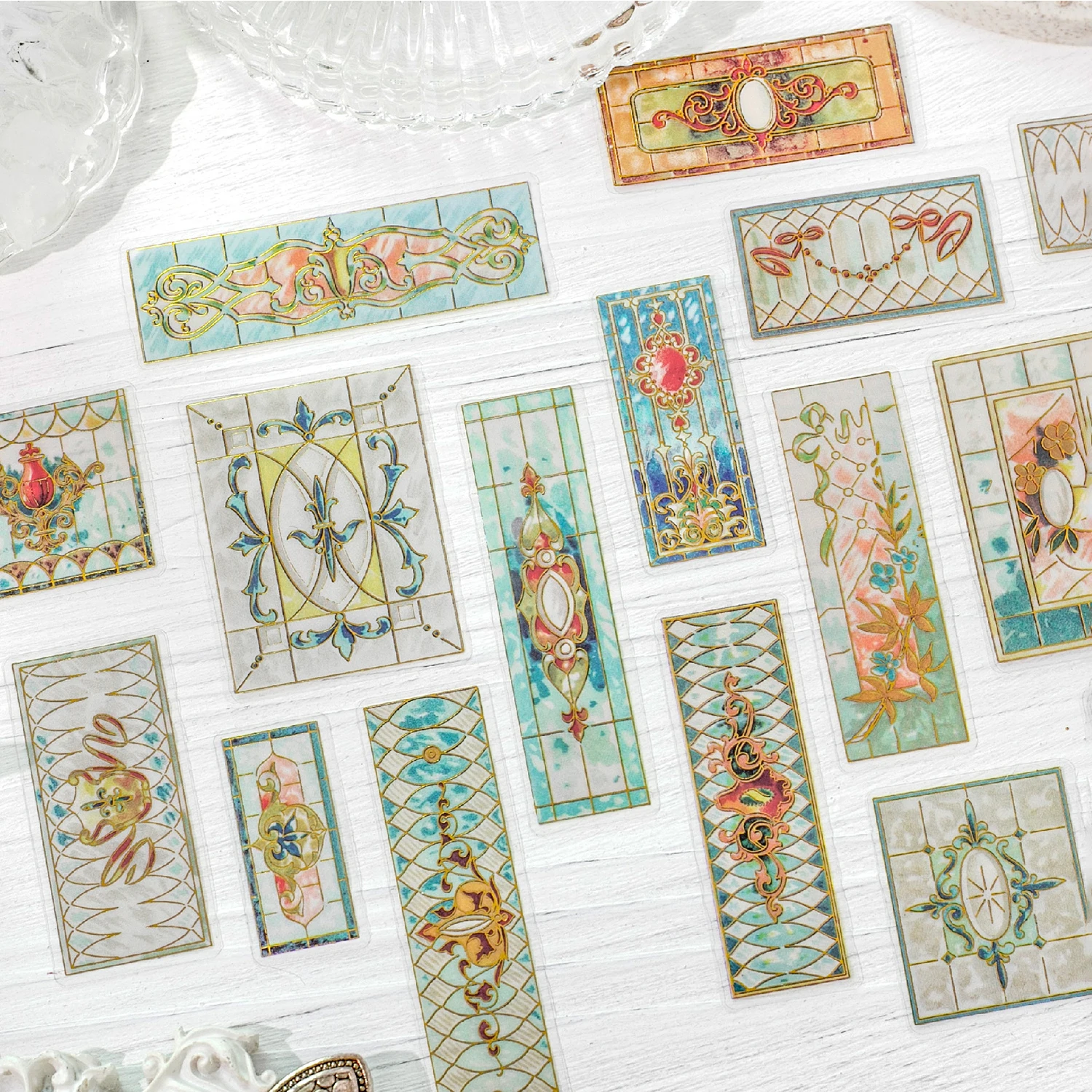 30pcs retro tile series patterned glass pattern hot stamping PET stickers DIY handmade scrapbook aesthetic stationery stickers