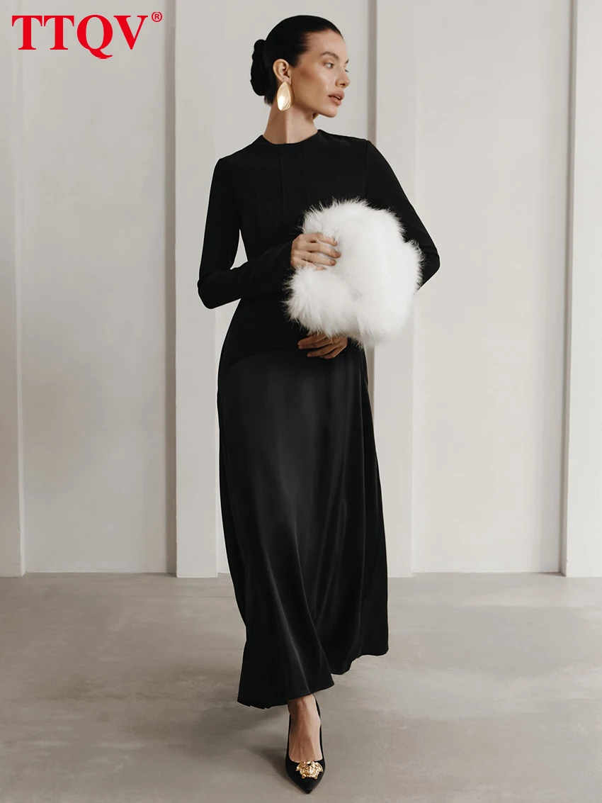 

TTQV Fashion Slim Black Patchwork Women Dress 2025 Casual O-Neck Long Sleeve Ankle Length Dresses Elegant Classic Female Dres