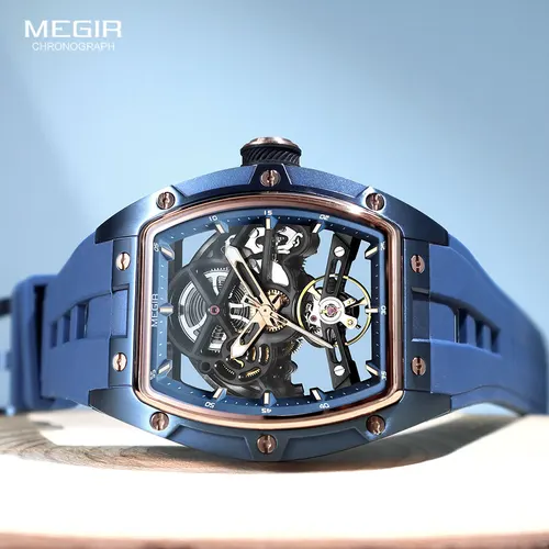 Reloj Automático MEGIR 2242 azul para hombre, reloj de pulsera mecánico deportivo resistente al agua de acero inoxidable con correa de silicona y esfera con mecanismo al descubierto