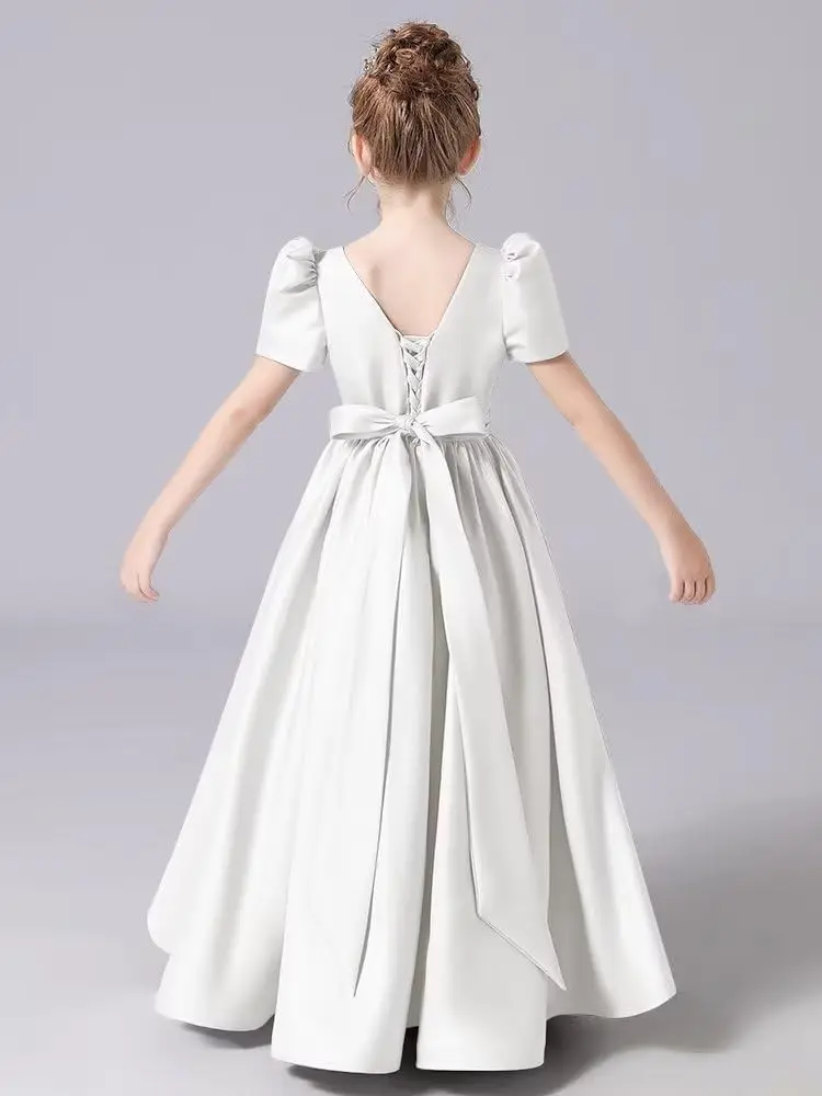 Vloerlengte formele meisjesjurk Bloemenmeisjesjurk Pofmouwen Optochtjurk Feestjurken voor speciale gelegenheden Baljurk