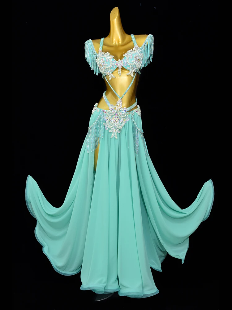 BellyDance Performance Set Exquisite Pearl Bra+Tassel Chiffon Long Skirt 2pcs Adult Women's Oriental Dance Competition Costumes