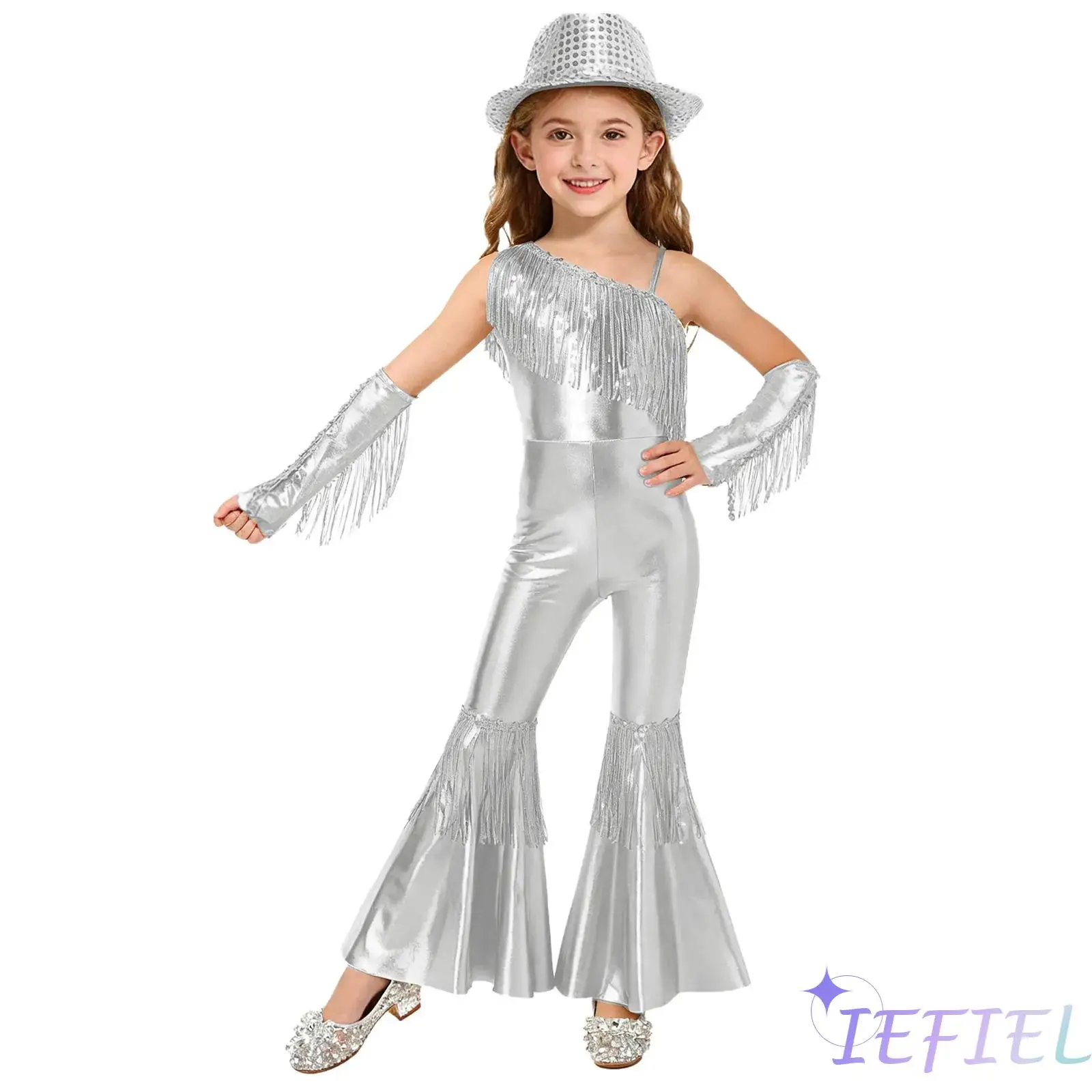 

Kids Girl Jazz Disco Dance Costume Sleeveless One Shoulder Sequins Tassels High Waist Flared Jumpsuit with Gloves And Fedora Hat