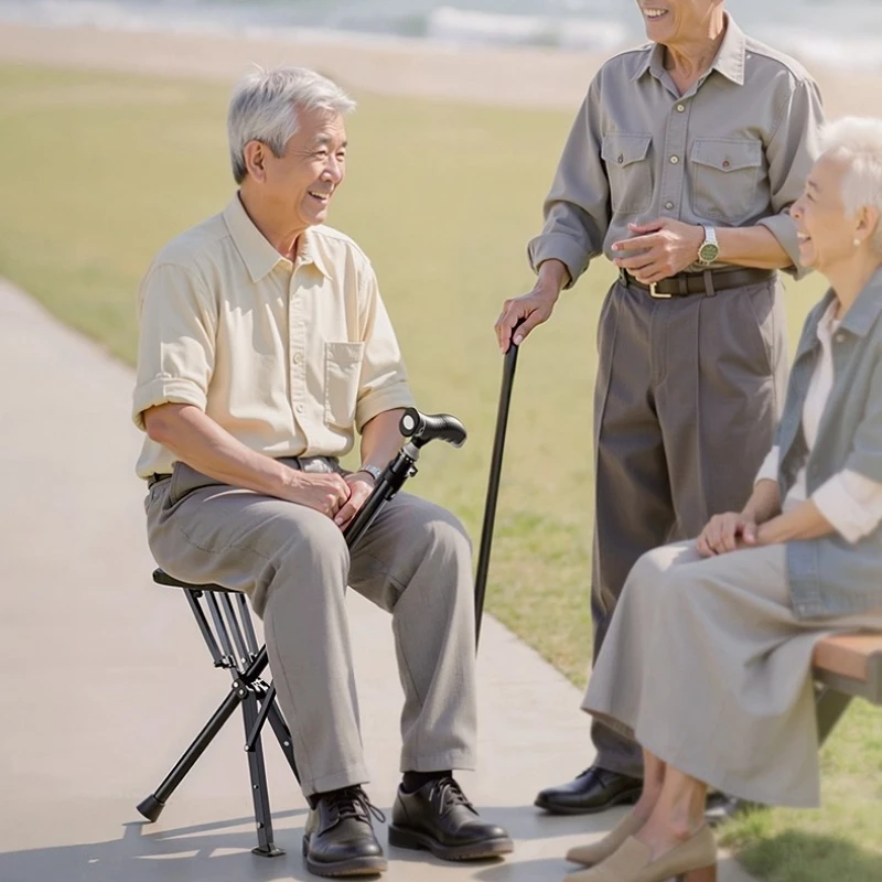 Foldable Crutch Chair, Hiking Stick,for Camping, Lightweight Aluminum Walkers for Elderly Portable Walking Stick Cane with Seat