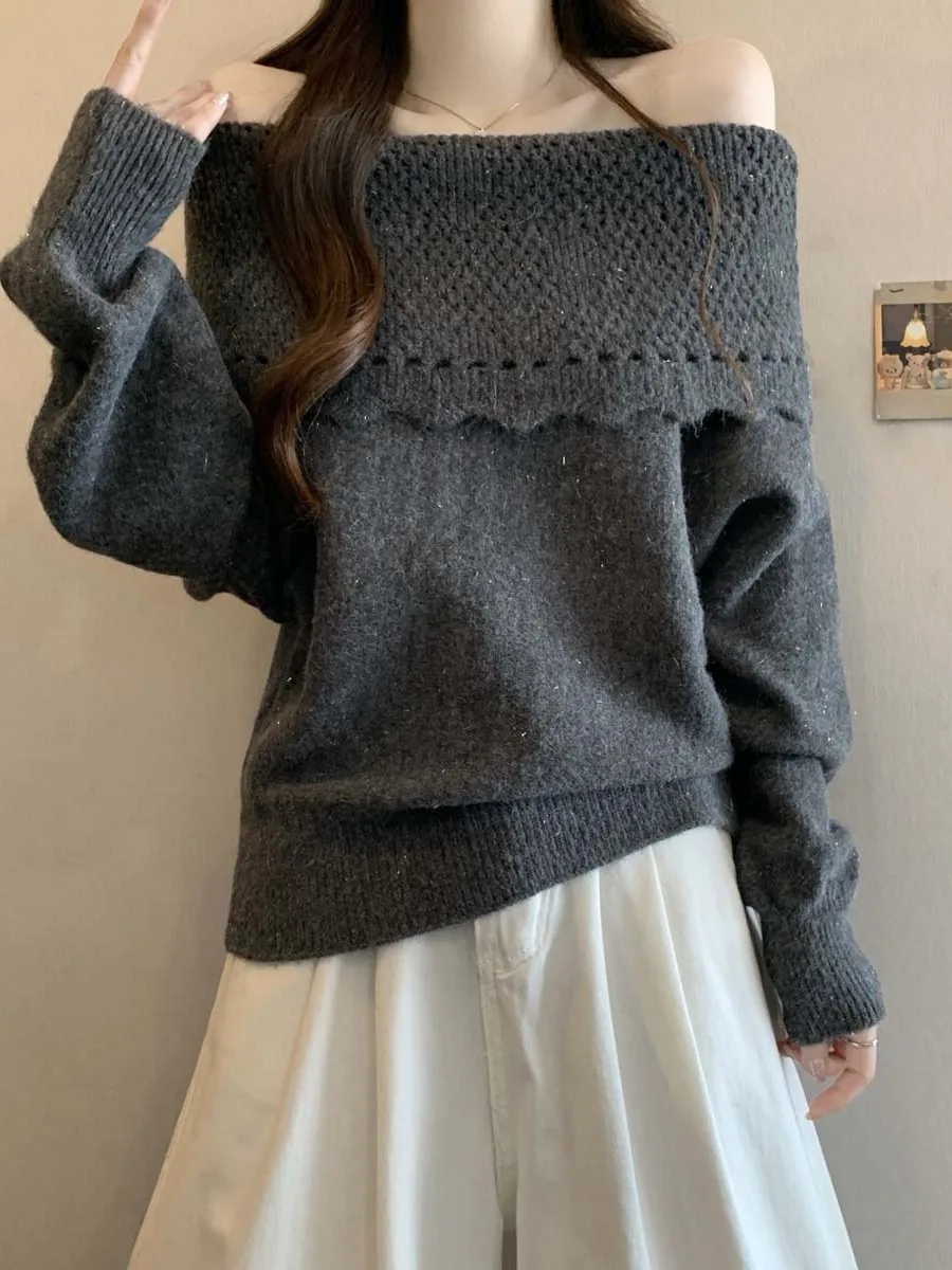 

Женский вязаный свитер на одно плечо с длинным рукавом, больших размеров, повседневный топ для ранней весны 2026 года