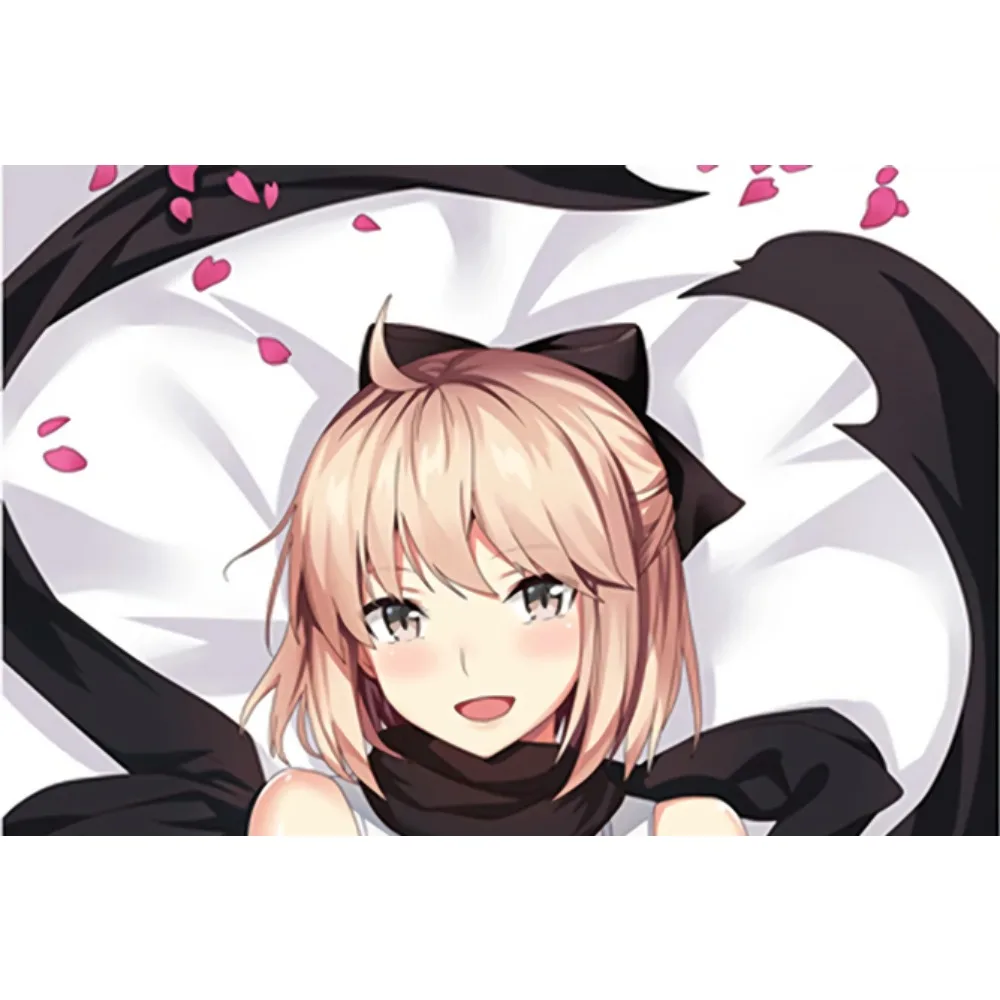 Anime Okita Souji Dakimakura Case Grey Eyes Blush Cheeks Sakura Theme Double Sided Printing