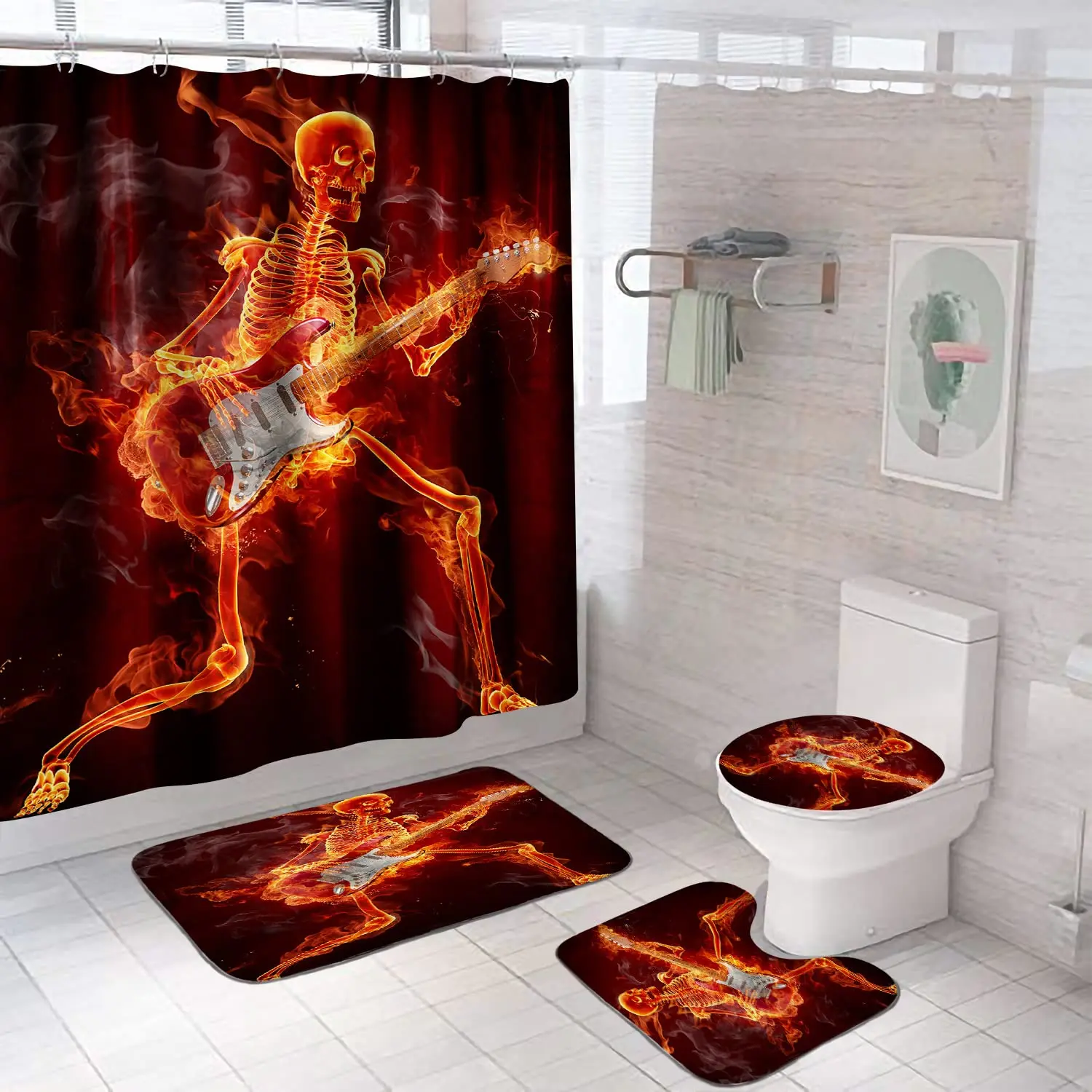 4PCS Fire Burning Electric Guitar Shower Curtain Sets, Stone Wall Modern Bathroom Sets Waterproof,Non-slip Bath Rugs Toilet Mat