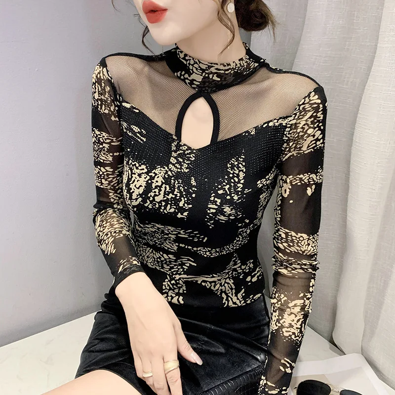 

Spring Summer Autumn T-shirt Women Hollow Out Sexy Skinny Tops Mesh Tees Korean Fashion Long Sleeve Thin Tshirt Design Outerwear