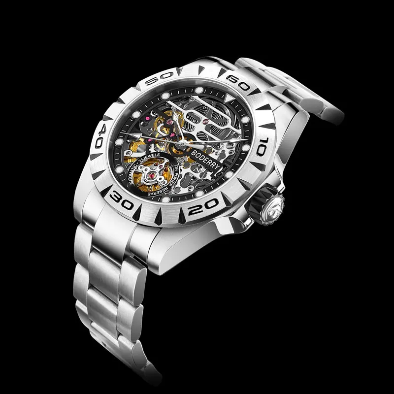 BODERRY Mens Automatic Watches Military Watch Mechanical Wristwatch 50m Waterproof Sapphire Mirror Steel Strap Skeleton Dial