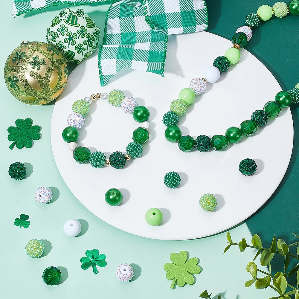 100pcs 16mm Bubblegum Beads Green White Acrylic Round Ball Bead Chunky Loose Spacer Bead St. Patricks Day Beads