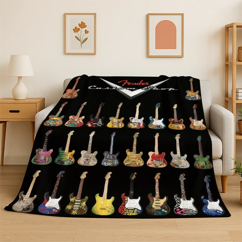Retro Fender Logo Guitar Instruments Music Flannel Blanket Soft Warm Throw Blanket for Bedroom Living Room Bed Travel Picnic