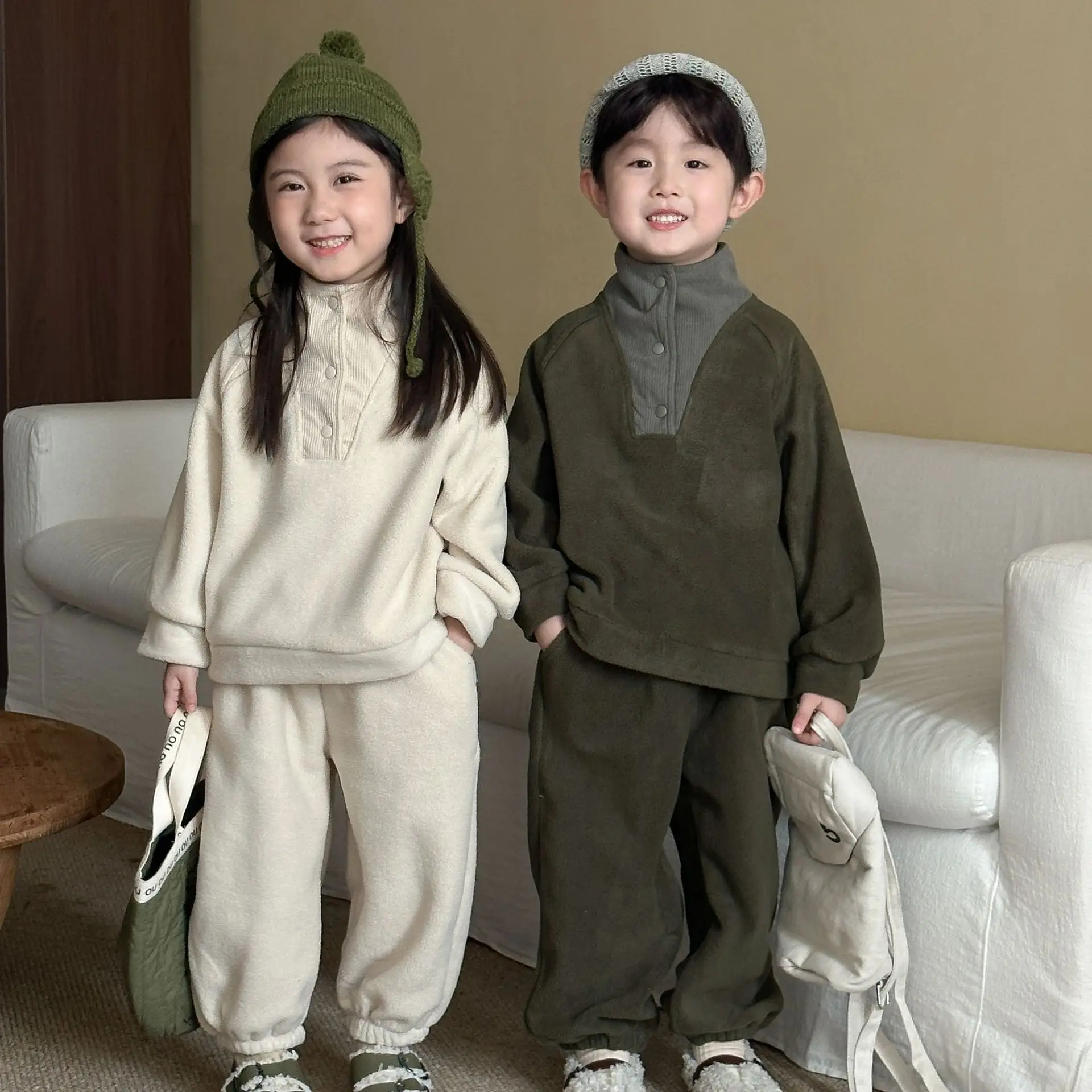 2025 Winter New Children Warm Clothes Set Boys Girls Fleece Sweatshirt + Sweat Pants 2pcs Suit Kids Plus Velvet Thick Outfits
