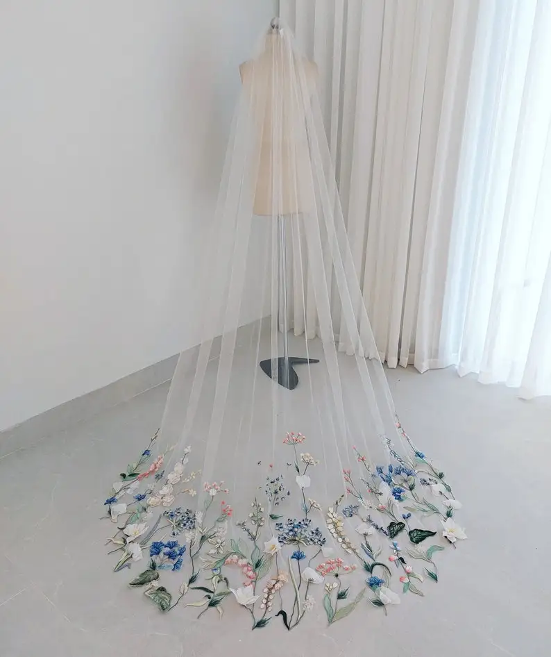 

Великолепная фата для женщин с 3D цветами и аппликациями с кружевным краем белого цвета/цвета слоновой кости/шампанского свадебное платье Velo De Novia по индивидуальному заказу