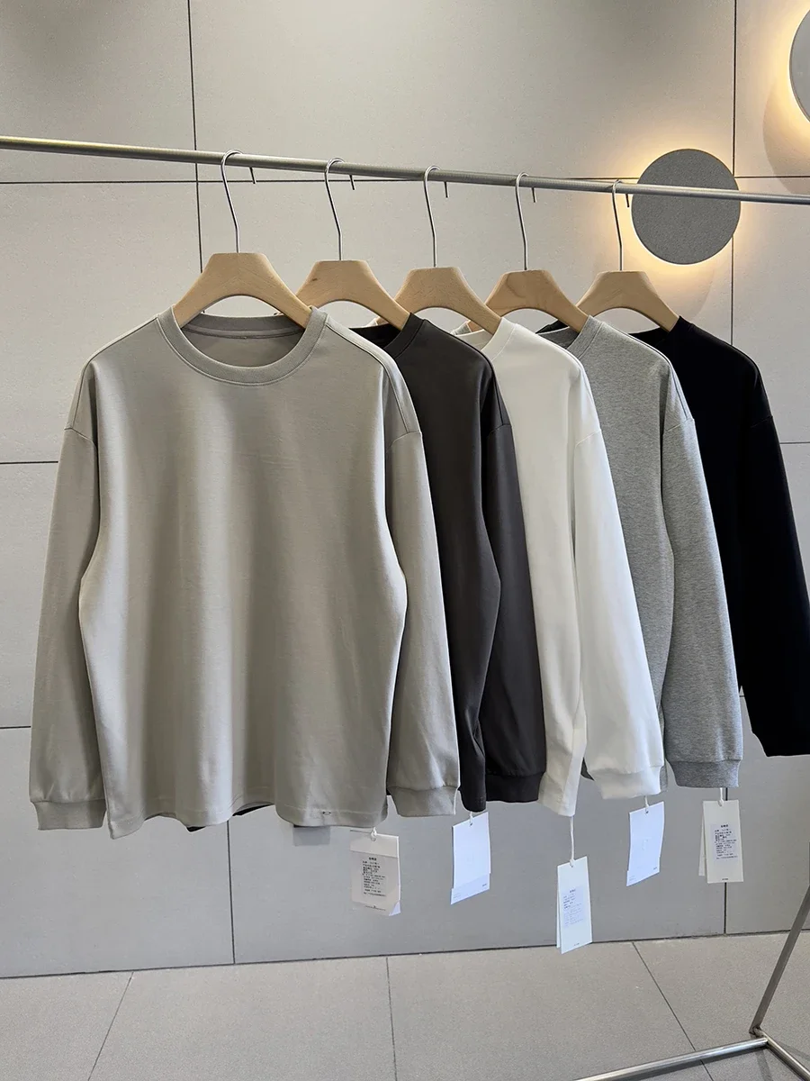Suéter de algodão Lycra tecido pesado e de alta densidade 340G, microelástico, confortável, requintado, manga comprida, camiseta de cor sólida