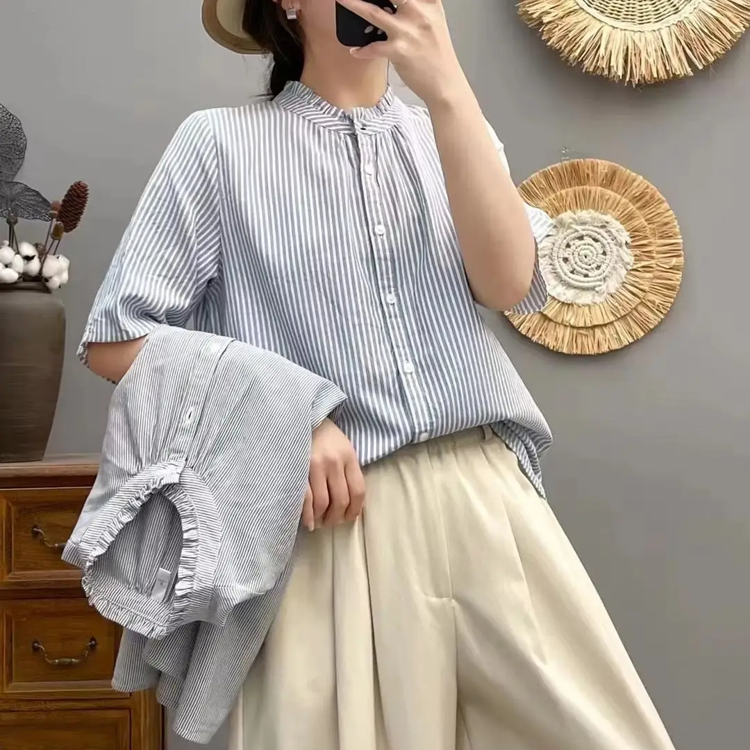 

Blue Striped Shirt For Women Loose Summer Autumn Casual Short Sleeves Shirt Fashion Clothes For Ladies Office Lady Wear