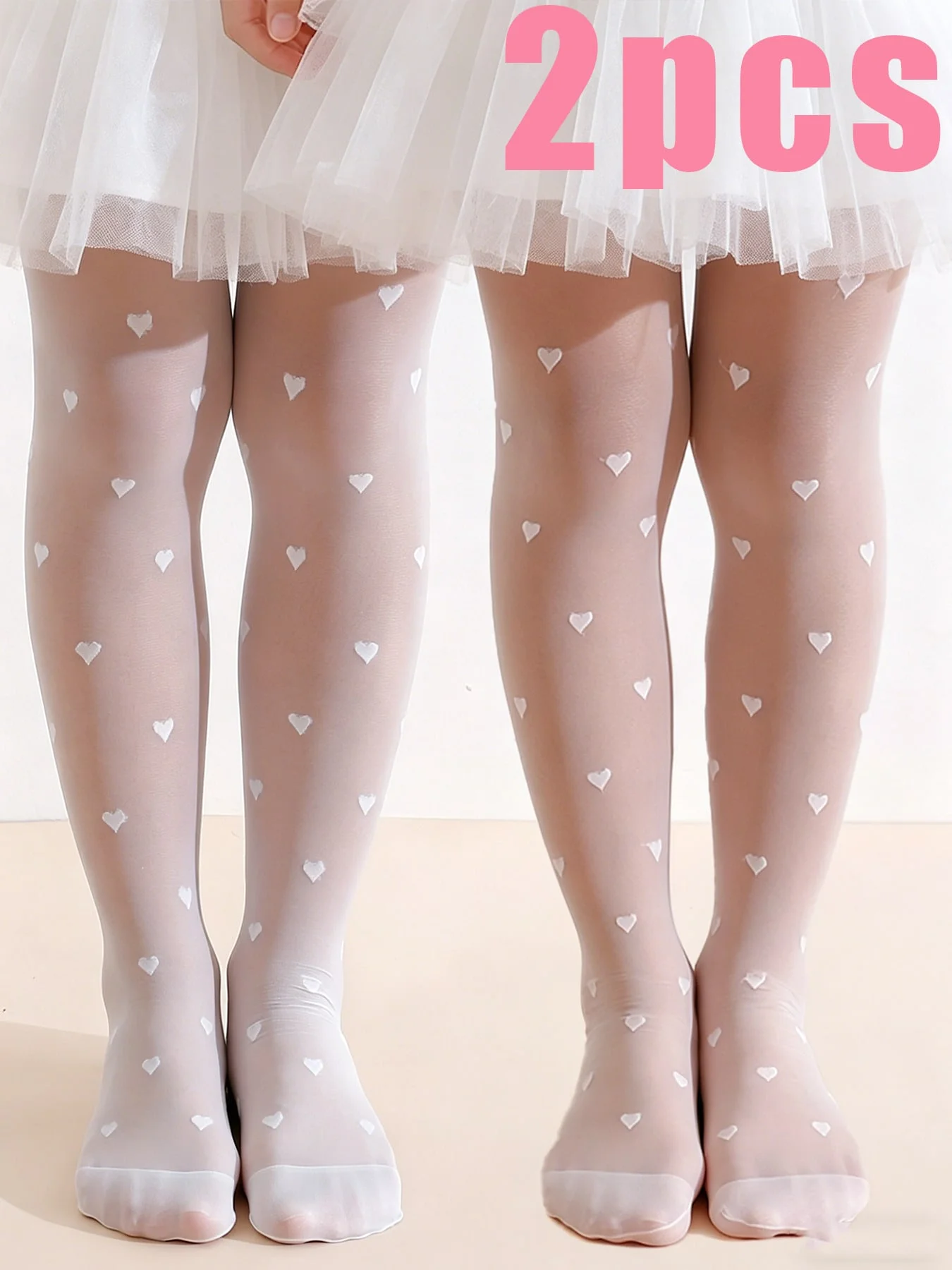 2 Stück Mädchen-Strumpfhosen mit Herz-Print, UPF50+, Sonnenschutz, durchsichtige, atmungsaktive Sommerstrümpfe, hochelastisches Set mit Ballett-Tanzsocken für Kinder – Detail 5
