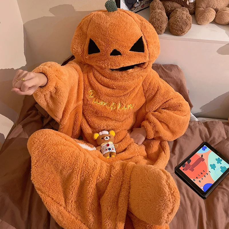 Halloween Pumpkin Hooded Onesie Pajamas, Soft Plush Fleece Thick Warm Winter One‑Piece Sleep Robe Cosplay Loungewear for Party