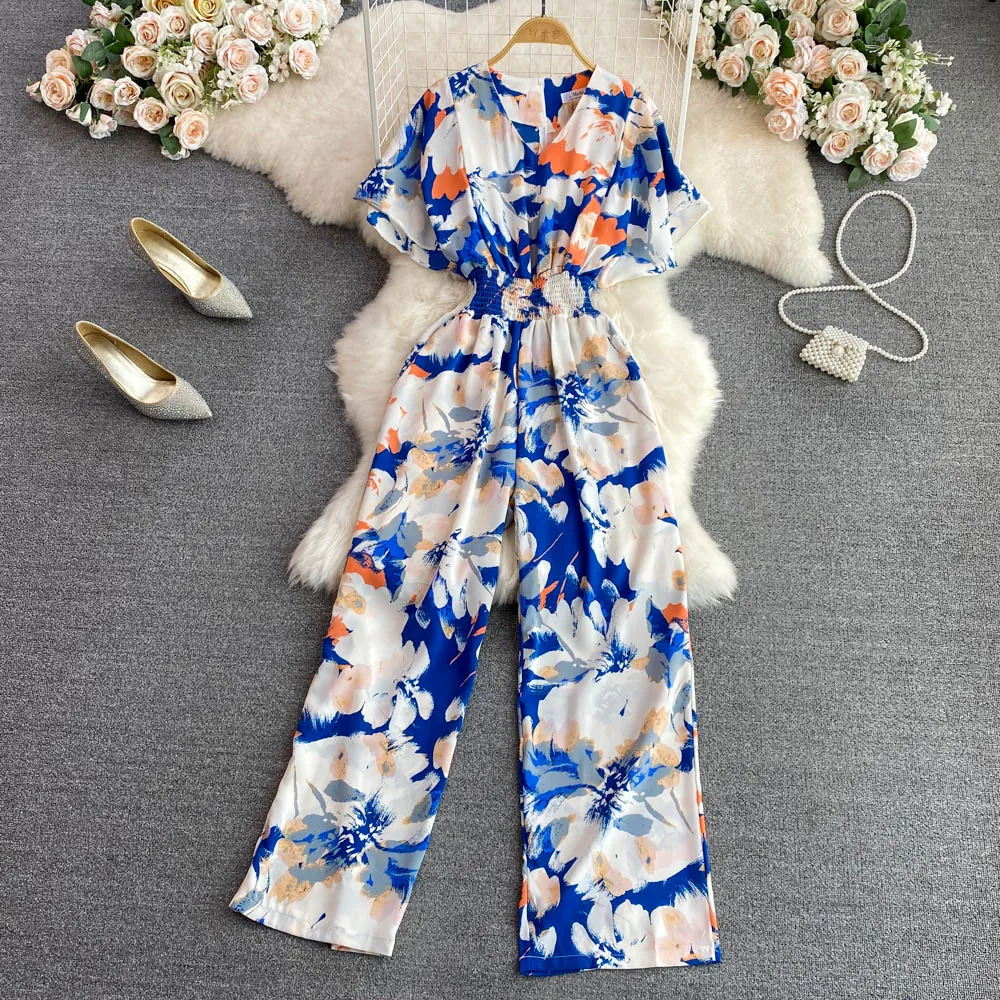 Elegant Chiffon Floral Jumpsuit V-Neck Rompers Playsuits High Waist Straight Pants One Piece Outfits Women\'s Clothing Summer