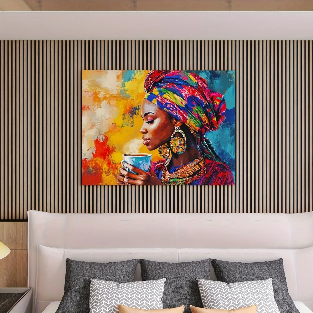 

1.5 inch thick wood pine ribbon frame, upholstery artwork, home decor, profile of an African woman in colorful costumes