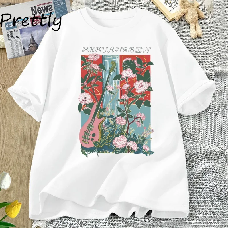 

House Music T Shirt Women Men Flower Print Guitar T-shirt Y2K Short Sleeve Loose Round Neck Tees Streetwear Women Clothing Tops