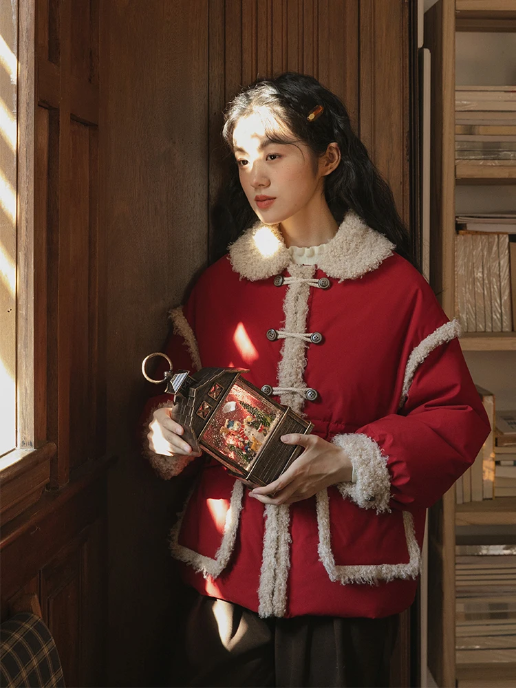 

Nesoulum New Year Red Plaid down Jaet Women's Winter Retro Design ort Coat Fem Commute Sle White Du down Filling