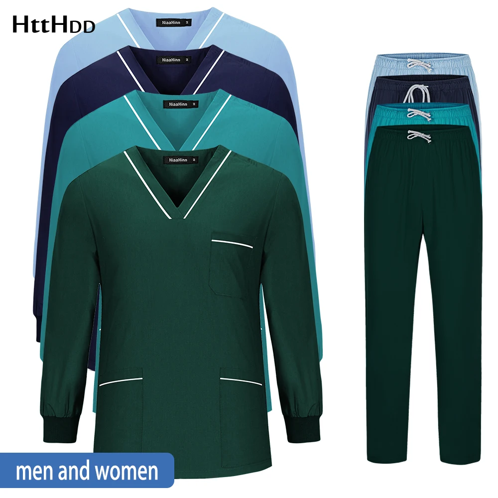 Solid Color Long Sleeve Suit Unisex Lab Spa Nursing Workwear Slim Medical Scrub Uniform Nurse Doctor Surgical Gown Wholesale