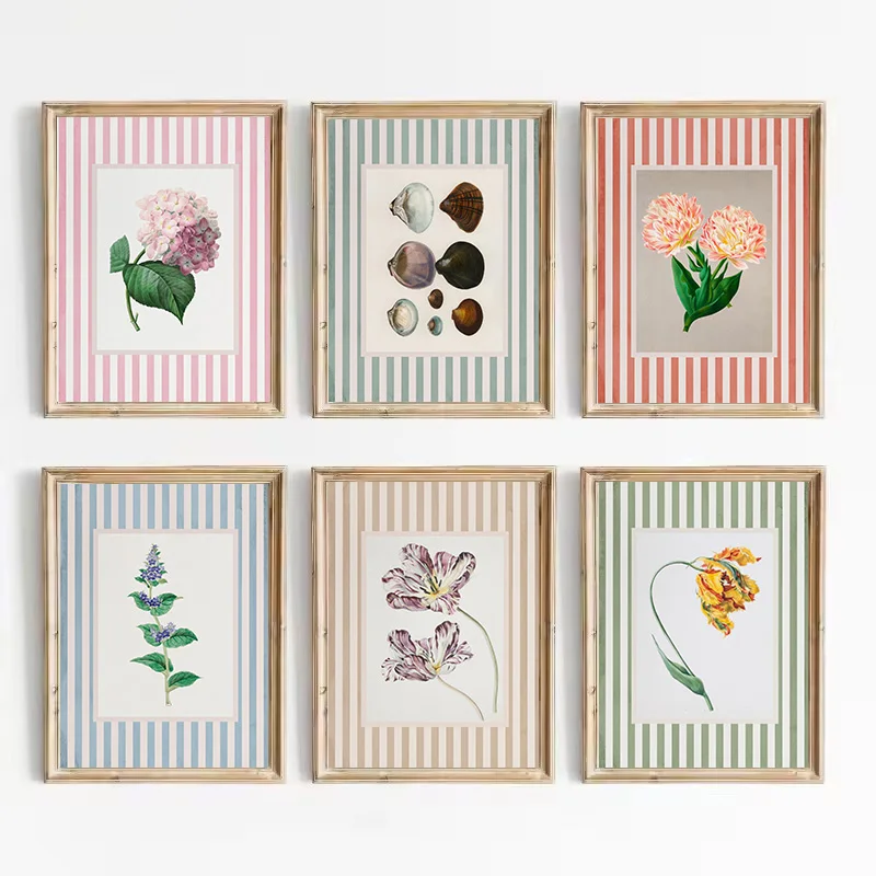 Vintage Striped Floral Hydrangea Oyster Country Cottagecore Aesthetic Poster Canvas Painting Wall Art Pictures Home Decor Gift
