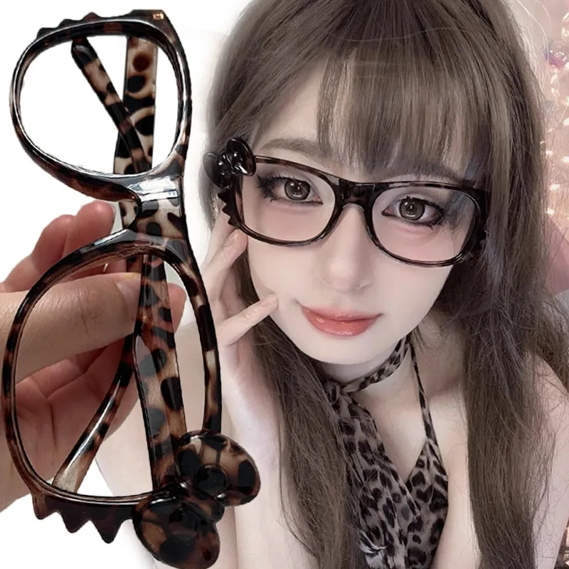 Cat Ear Leopard Bow Glasses Frame No Lenses Cosplay Vintage Kitten Halloween Party Costumes Props Decorative Y2K DIY Frames