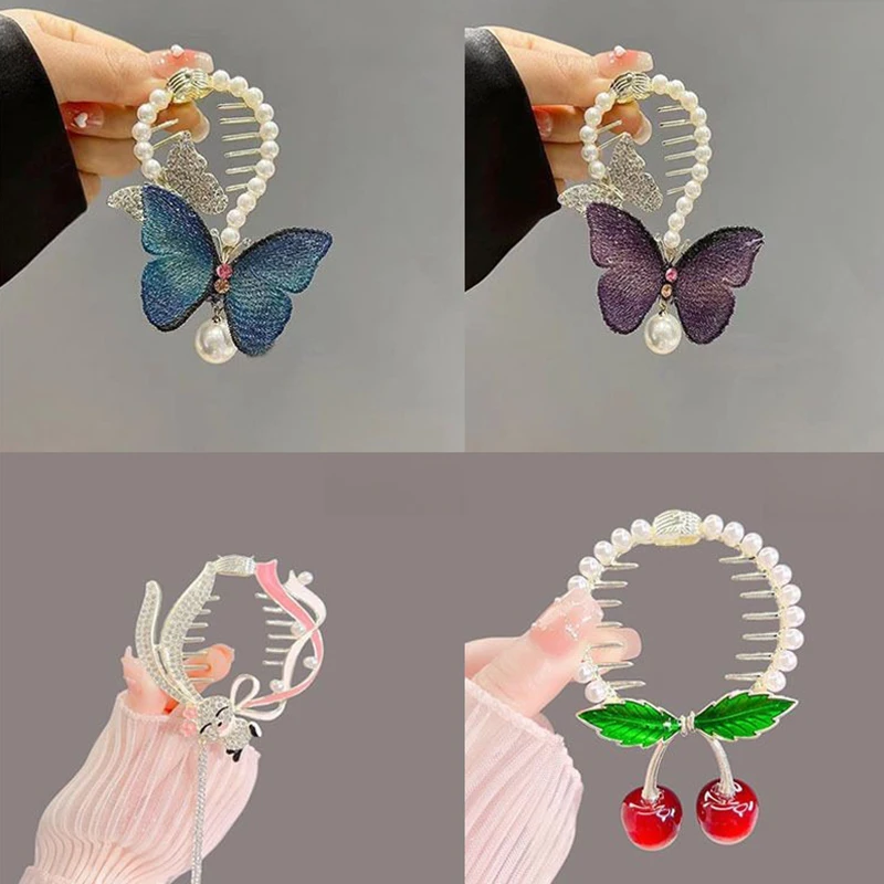 Pinza para el pelo con borla elegante para mujer y niña, horquilla con diamantes de imitación, perlas, flores, soporte para cola de caballo,