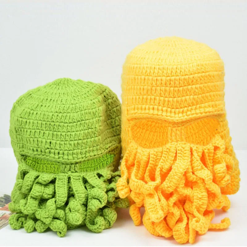 European and American Hand-Woven Funny Party Octopus Beard Hat Crochet Cthulhu Men and Women Knitted Wind Mask Hat Halloween Ani