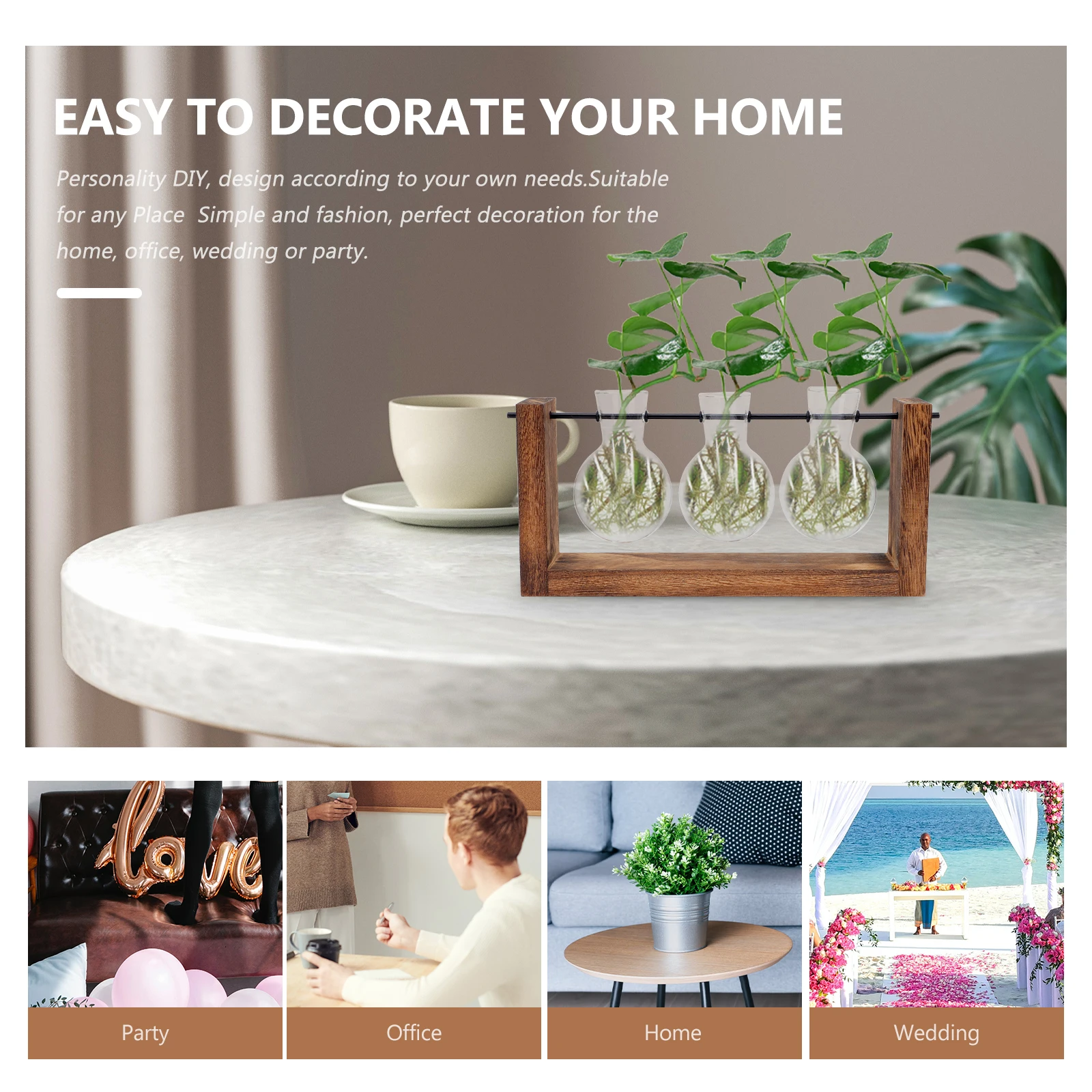 

1pc Nordic Style Glass Planter Wooden Stand Hydroponic Flower Vase Bulb Display Home Office Decorative Plant Holder