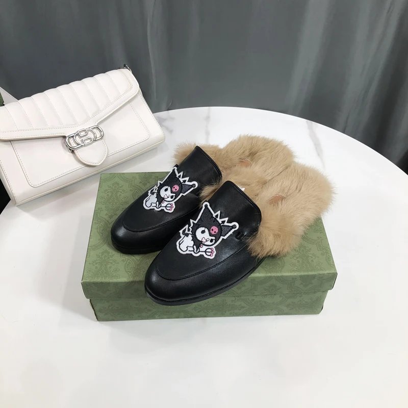 Bear Embroider Real Fur Mullers Sandals Slippers Women leather Furry Flat Shoes Backless Slip on Loafers Ladies Outdoor Slides