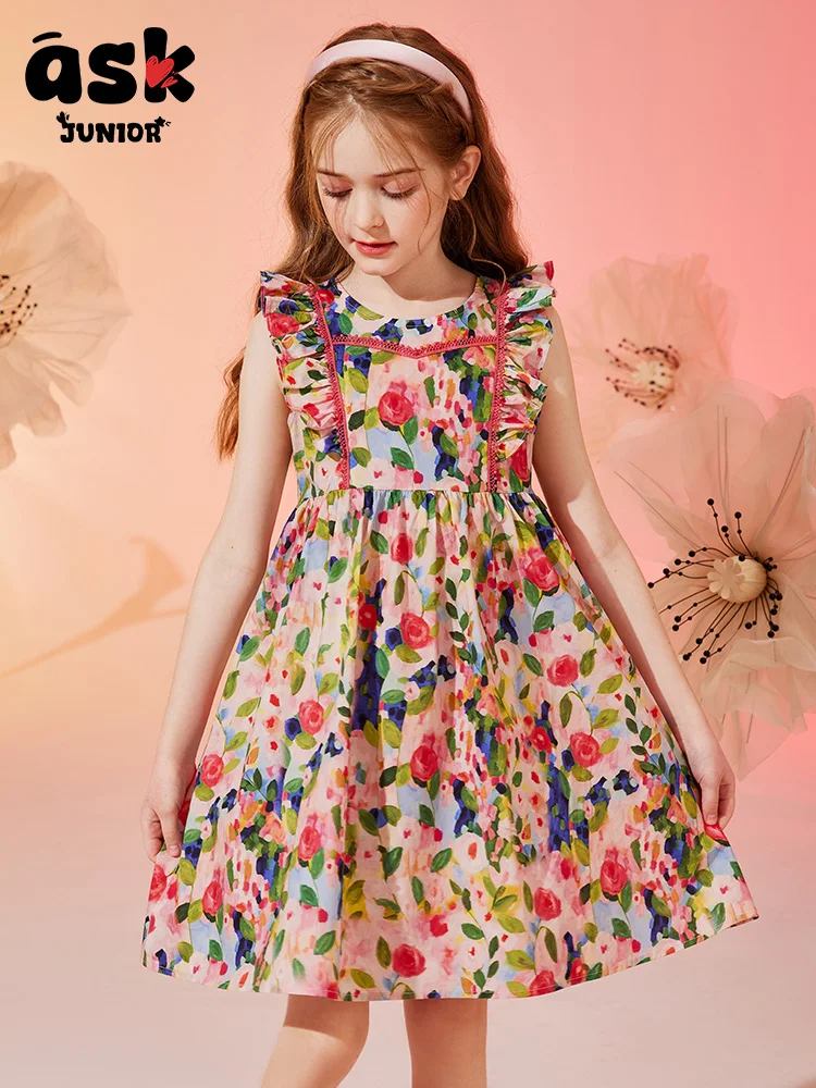 

Tween Girls Summer Fashionable Large Flower Style Sleeveless Dress
