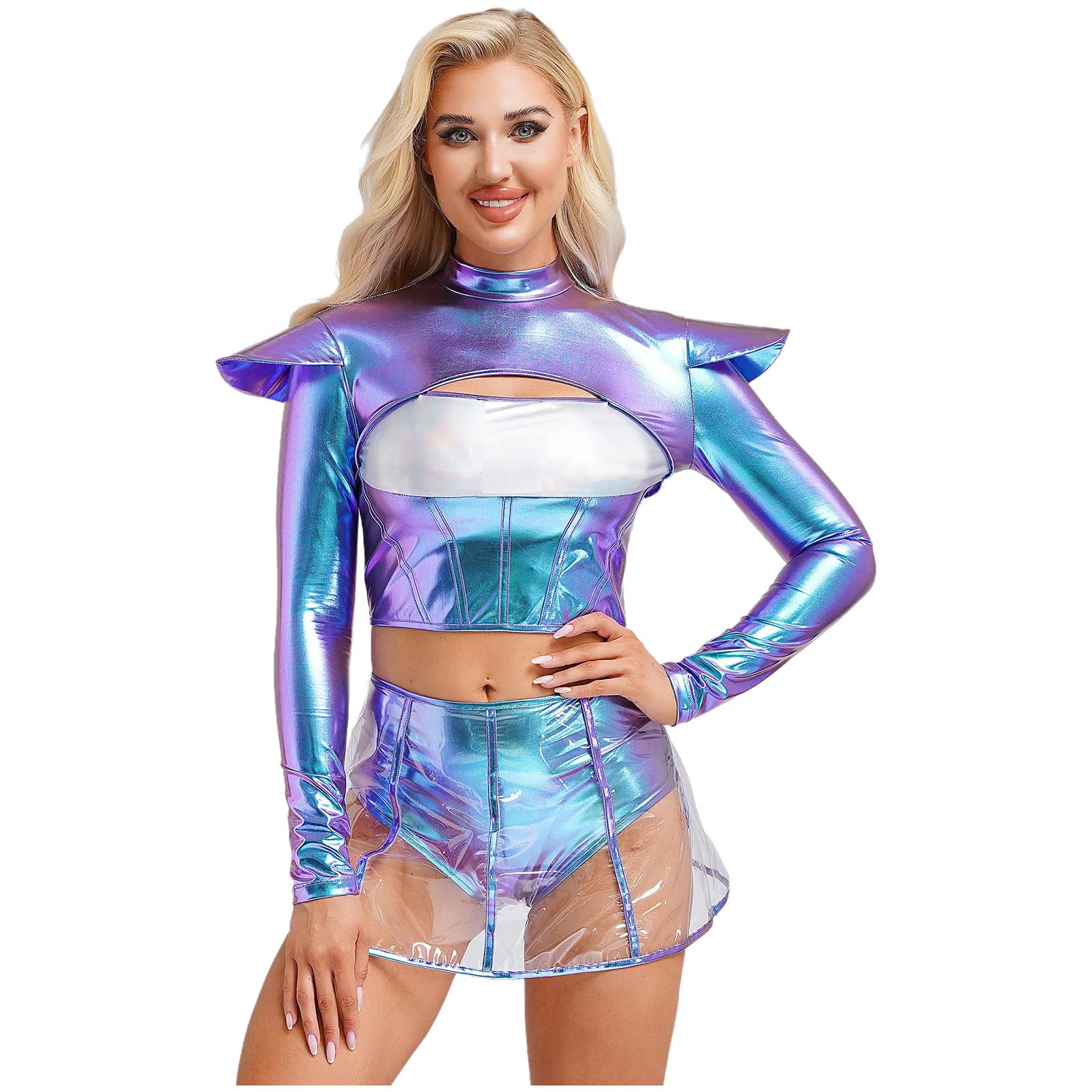 

Womens Alien Cosplay Costume Halloween Outerspace Theme Party Dress Up Metallic Shiny Hollow Out Crop Top with Transparent Skirt