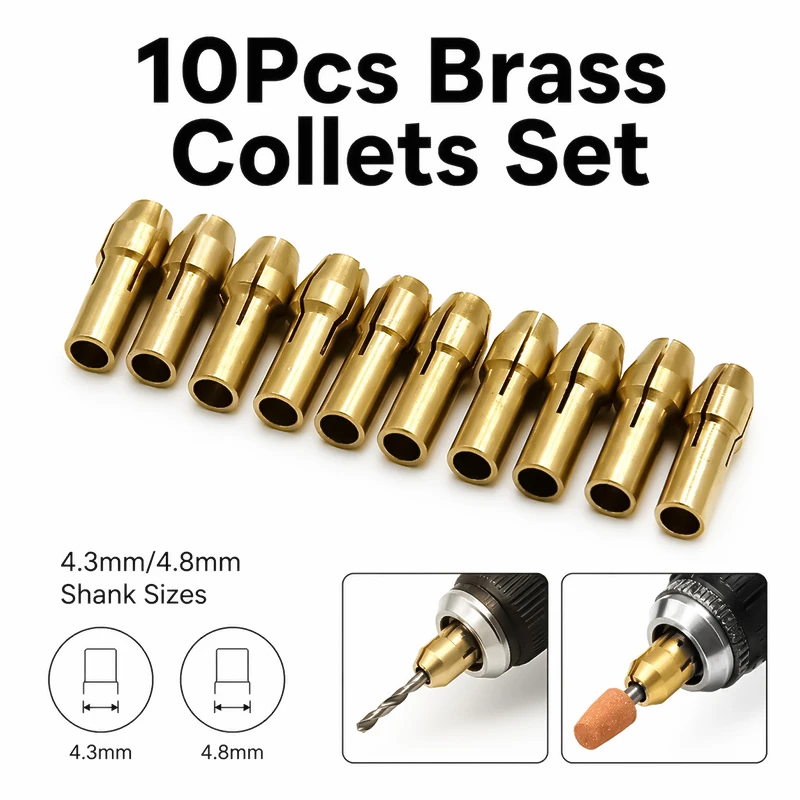 

10PC Mini Brass Drill Chuck Set 0.5-3.2mm Electric Grinding Drill Bit Clamp with 4.3/4.8mm Tail Diameter Power Tool Accessory