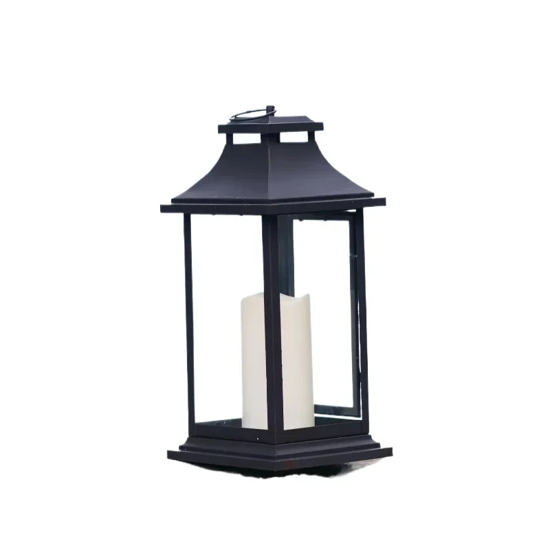 Set of Two Black Distressed Plastic Floor Lantern Candle Holders with Candle Other Candle Holders Lamps & Jars