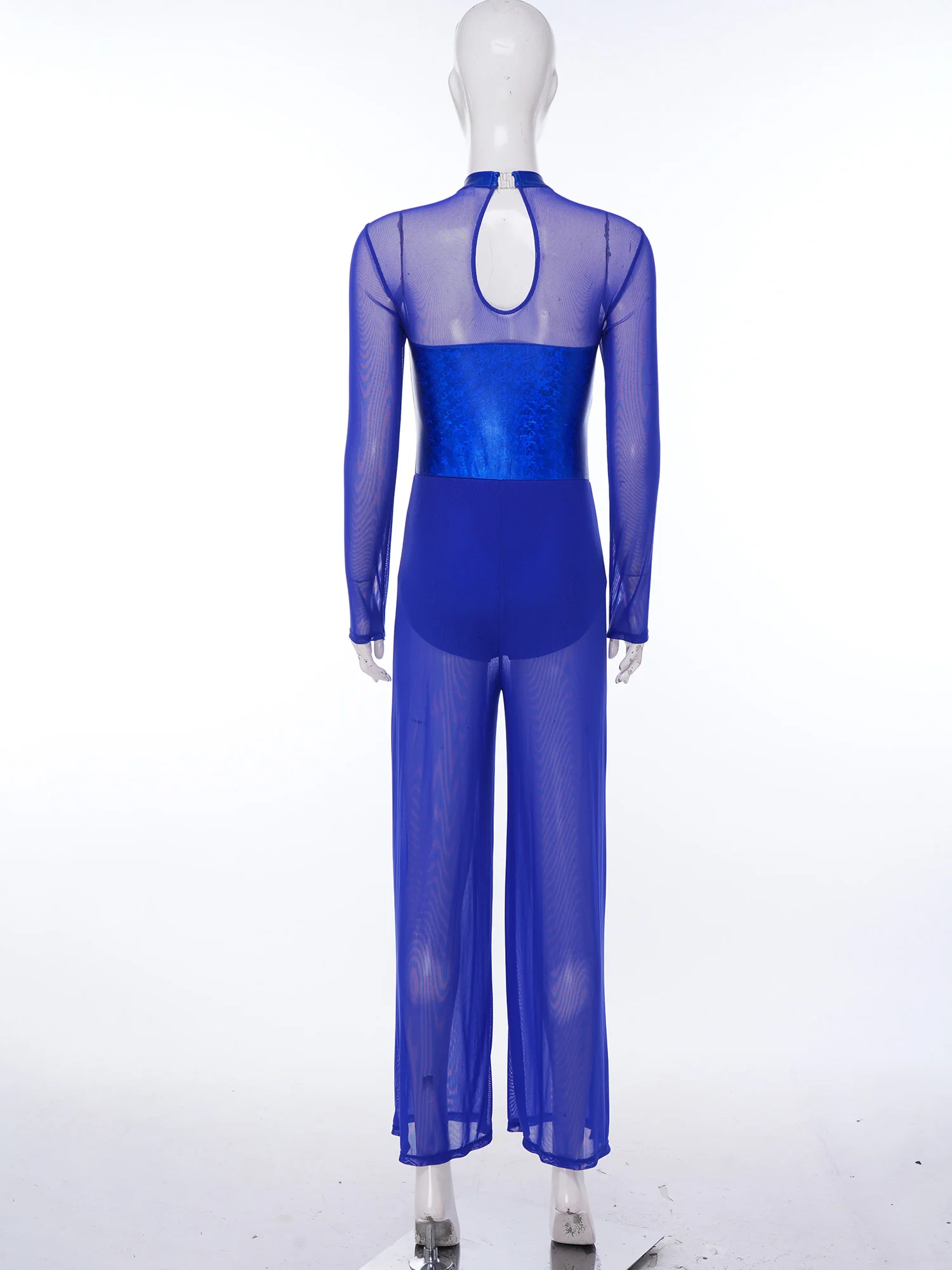 

Women Gymnastics Jumpsuit Shiny Metallic Spliced with Sheer Mesh Long Sleeve Back Keyhole Wide Leg Rompers with Built-in Briefs