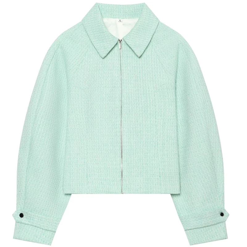 HXAO Women's Crop Tweed Jacket Autumn 2026 Fashion Green Textured Outerwear Female Zipper Long Sleeve Coat Office Wear Women Top
