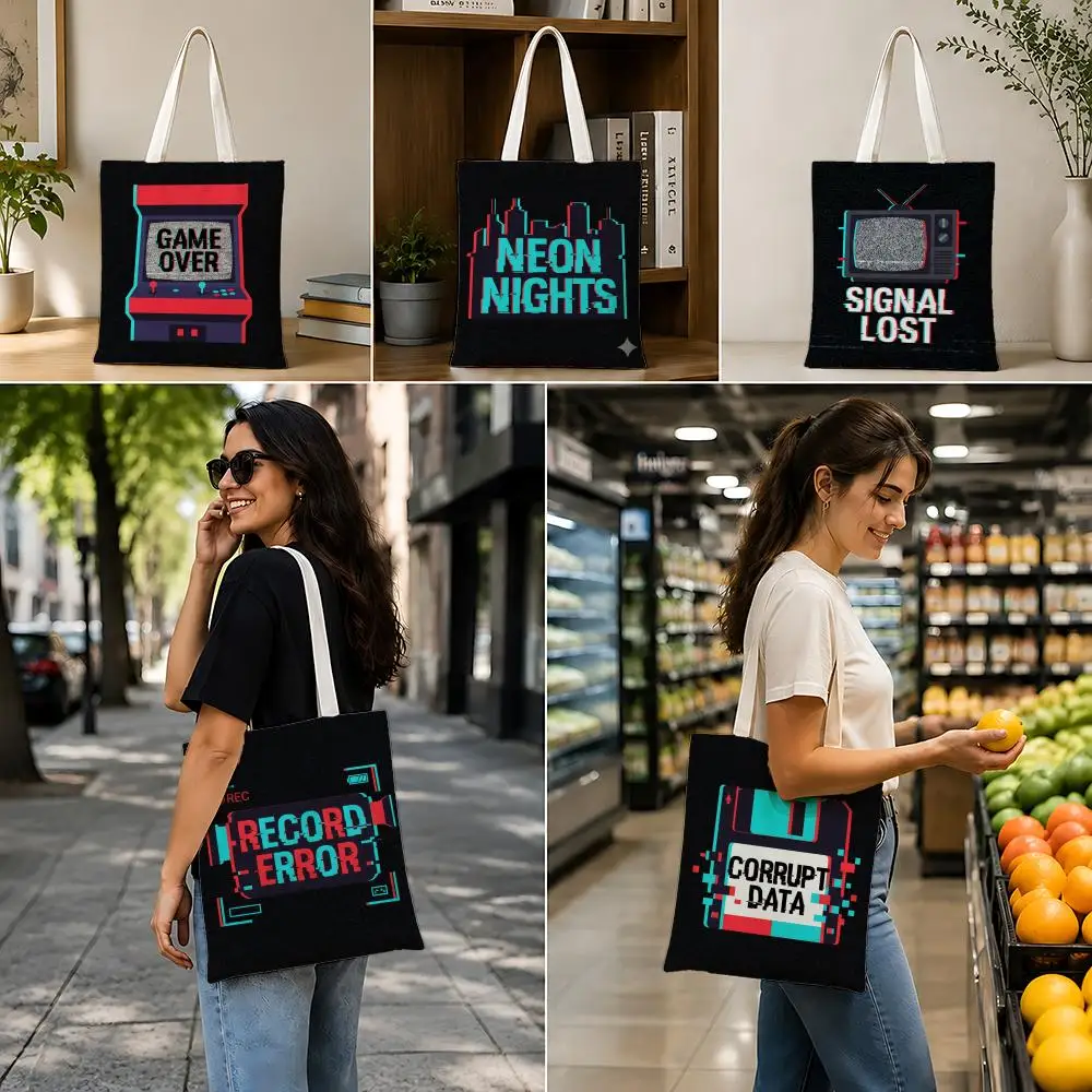 VHS glitch flat graphic design Storage Bags Lightweight Foldable Canvas Bag, Reusable Shopping Shoulder Bag with Strap