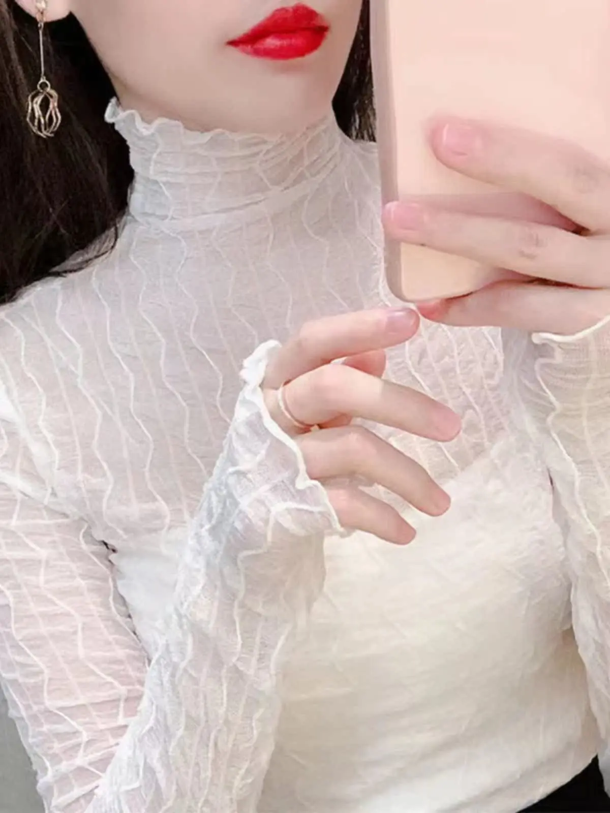 Women's High Collar Lace Base Shirt Long Sleeve Mesh Inner Wear Wood Grain  Vertical Stripe Top T-Shirt Korean Style Commute