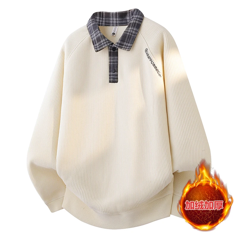 

Цельный бархатный искусственный свитер из двух частей для молодых мужчин осенью и зимой. Толстый вязаный свитер с воротником-поло с длинными рукавами.